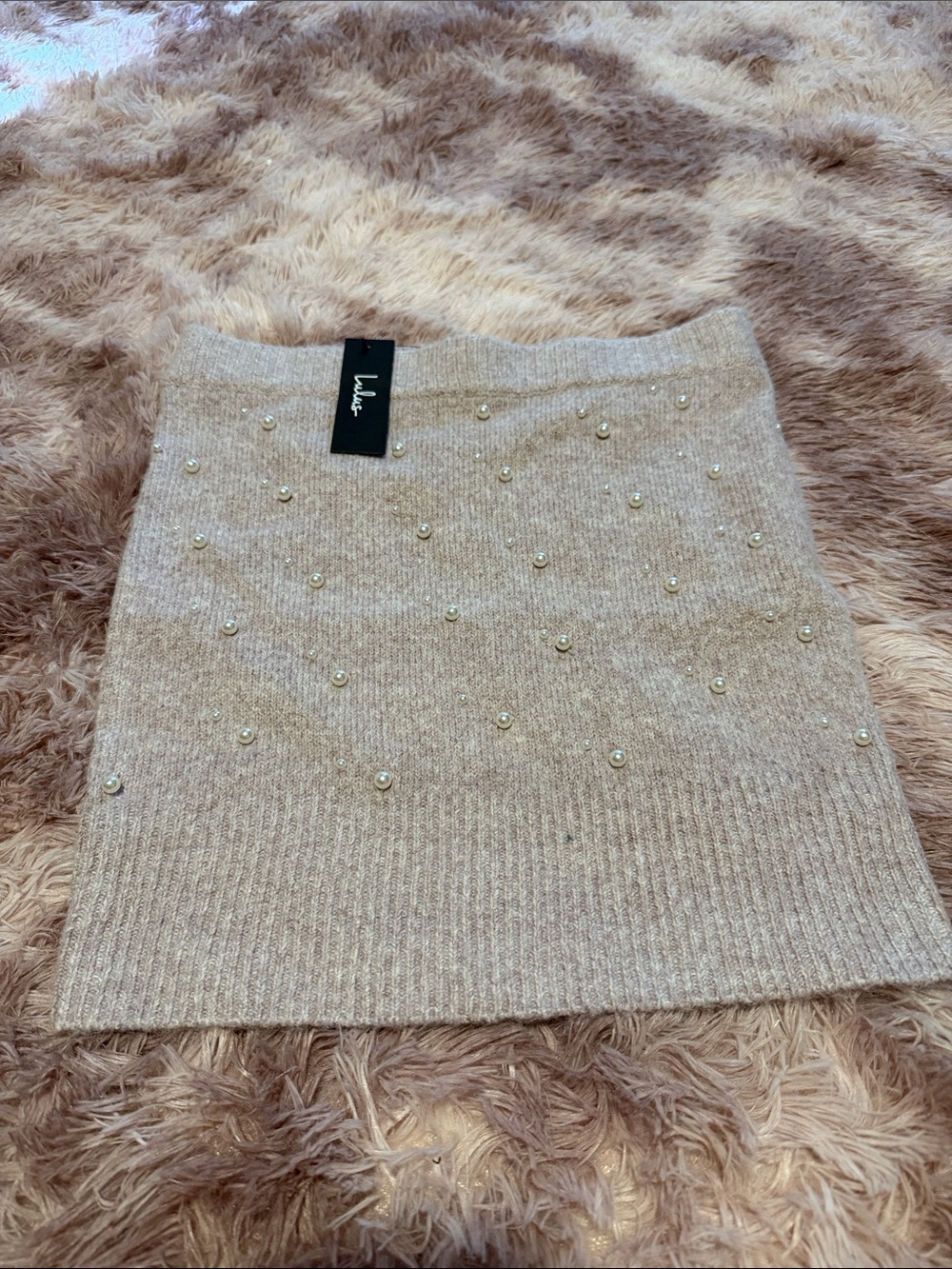 Lulu's Beige Pearl-Embellished Knit Mini Skirt